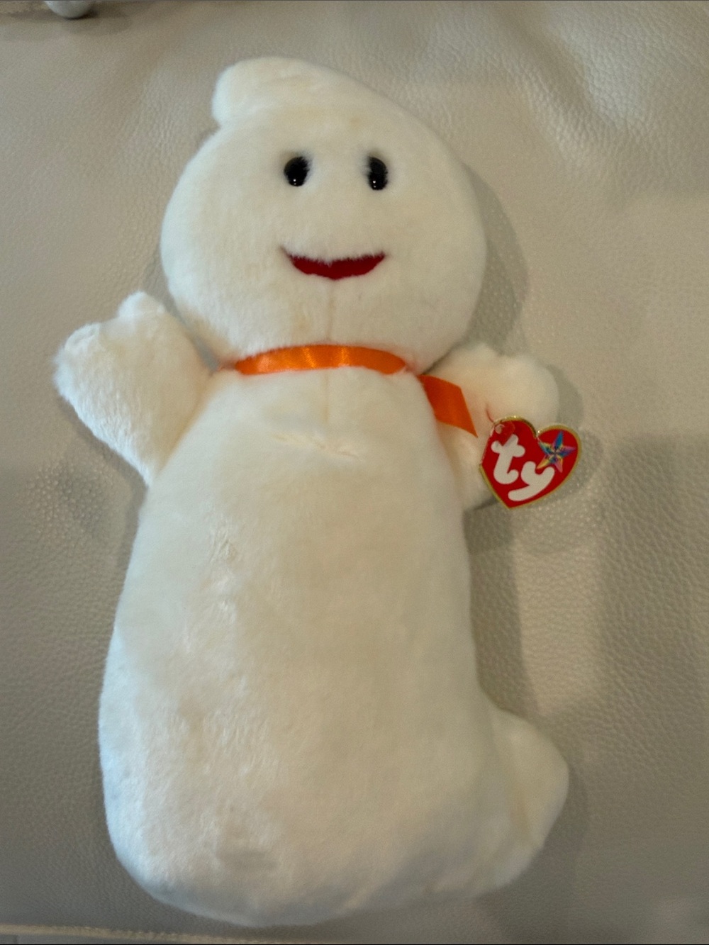Ty large Spooky White Ghost Plush with Orange Ribbon and Red Smile